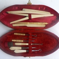 Victorian cased SEWING SET - Bone handled implements & STERLING SILVER thimble - Sold for $73 - 2009