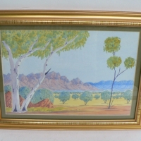 Framed BASEL RANTJI Hermannsberg school watercolour painting - Landscape with Gumtree - signed lower left - 18 x 26cm - Sold for $207 - 2014