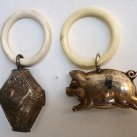 2 x vintage silver plate BABY RATTLES - incl Pig & DUCK - Sold for $61 - 2014