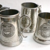 4 x vintage PEWTER mugs - incl 1988 & 89 Hawthorn PREMIERSHIP mugs, Courage Breweries & Astrology with FEMALE NUDE handle - Sold for $67 - 2014