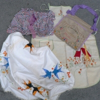 4 x Vintage 1930'S HANDCRAFTED  EMBROIDED items incl, lovely supper cloth with hand embroided birds, linen apron with embroided cottage scene, Dusters - Sold for $61 - 2014