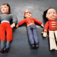 3 x Vintage Celluloid Dolls dressed in uniform incl Fire Chief, Football Player & Marching Band - Sold for $73 - 2014