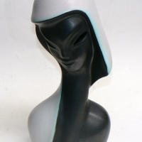 1960s ELLIS Australian pottery stylized BUST of a WOMAN - black, white & green glazes - incised signature to base - 34cm high - Sold for $494 - 2014