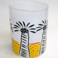 KOSTA BODA glass cylinder VASE hand painted by KEN DONE - black, yellow & red PALM TREE design - signed to base & below painting - 185cm high - Sold for $92 - 2014