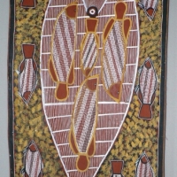 Painting by Aboriginal Artist Tim Kalakala on Stringy Bark Fish Trap Ochre pigments with pvc fixative, 82 x 47 cm details verso - Sold for $104 - 2014