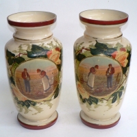 Pair large Victorian glass hand painted VASES - 'Praying for the Harvest' scene with ROSE & LEAF border - each 31cm high - Sold for $110 - 2014