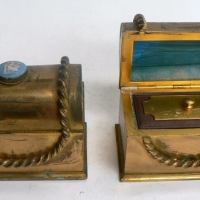 Pair of Vintage Casket shaped heavy brass BOXES w inner lids, one marked STAMPS - Sold for $55 - 2014