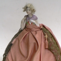 Lovely Victorian  Porcelain Half Doll Phone Cover  - Half Doll wearing Rose Pink Satin Skirt  with Copper Lace Panels - Sold for $110 - 2014