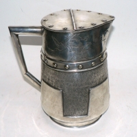 Fab Hand crafted ARTS & CRAFTS silver plated JUG - wide band to top decorated with cranes, band with studs,  lift up lid with studs, part stippled bod - Sold for $134 - 2014