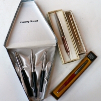 Group lot boxed PENS - incl Conway Stewart set of 3, 1920s Rolled GOLD, Platignum long life deluxe & BIRO - Sold for $55 - 2014