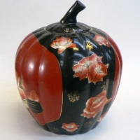 Large Japanese hand painted gourd shaped Jar decorated with lotus flowers, bird, gilding on black & ironstone ground - Sold for $79 - 2014