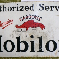 Vintage MOBIL OIL Enamelled sign - Genuine GARGOYLE - Authorised service - some chipping to corners, avg cond - 27x46cm - Sold for $195 - 2014
