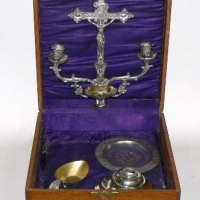 Vintage silver plated TRAVELLING COMMUNION SET (sick-call outfit)  in a wooden box with brass embellishments - Sold for $55 - 2014