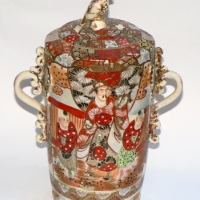 19th Century SATSUMA lidded VESSEL on 3 feet with scrolled handles to side - featuring classical JAPANESE figures & BIRD to lid - 28cm high (restorati - Sold for $79 - 2014