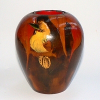 1930's Australian POKERWORK Vase with KOOKABURRA & Gum leaves to front - 12cm high - Sold for $116 - 2014
