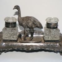 Ornate Victorian JAMES DIXON & Son EP & Crystal Figural Desk Stand/Ink Well with Figure of EMU to centre & ink wells either side - Sold for $244 - 2014