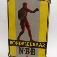 Vintage DUTCH enameled SIGN - 'Bondsleeraar NBB' with image of BOXER - 28 x 18cm - Sold for $67 - 2014