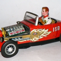 1950's battery operated tin 15 B  HOT ROD with exposed engine, 26cms L, gc, working made by  Nomura Toys, Japan - Sold for $683 - 2014
