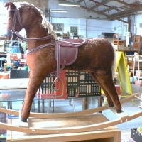 Large sized Kids toy ROCKING HORSE - On Wooden base, felt covered with Bridle, etc - Sold for $61 - 2014