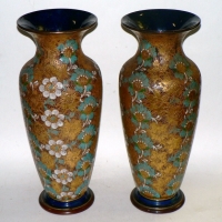 Pair of large impressive late 19thC Doulton Ware vases with Chine (Doulton & Slater) background, incised, applied, painted & gilded decoration - 42cms - Sold for $293 - 2014