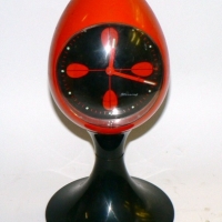 Retro BLESSING West German plastic ALARM CLOCK - black & ORANGE egg shaped cased - 23cm high - Sold for $61 - 2014