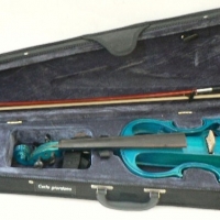 2 x Music items - Hard cased SILENZIA electric VIOLIN with bow - teal coloured & Aluminum Music Stand - Sold for $85 - 2014