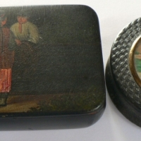 2 x Victorian black wooden boxes -  SNUFF BOX  - hand painted scene featuring  European & Chinese boys & round turned wooden box with hand painted lid - Sold for $146 - 2014