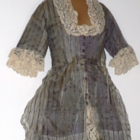 Early Victorian Empire line bustle Gown - cream with bluepink stripe, flounced skirt, train, cream lace trim - poor cond (Symes) - Sold for $183 - 2014
