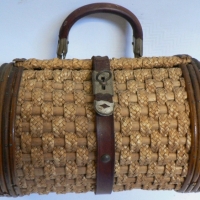 Circa 1900's French Cylindrical cane & Rattan Ladies Handbag with Leather Handle   (Syme) - Sold for $61 - 2014