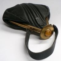 1920's Black Leather Purse with Strap & Amber Style Stone Set in Clasp (Syme) - Sold for $122 - 2014