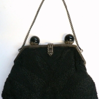 1920's French Black Beaded Evening Bag with Metal Filigree Frame & Clasp - Labeled made In France - Good Cond ( Syme) - Sold for $61 - 2014