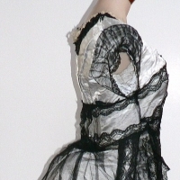 Victorian grey satin bustle gown, jet beaded neckline, black net lace covered short sleeves, stunning black embroidered net lace over dress, bodice la - Sold for $281 - 2014