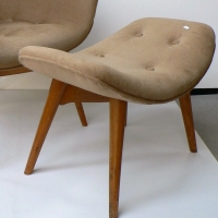 Vintage Retro FEATHERSTON Foot Stool - Beige Upholstery with all Buttons, original Ink Stamp to base - Sold for $915