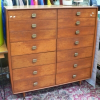 Retro 14 drawer Blondewood CHEST OF DRAWERS - made by ALROB - 120cm high - Sold for $244