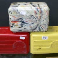 3 x  Bakelite Crystal RADIO Cases - red, yellow & light multi colour swirls - Sold for $55 - 2012