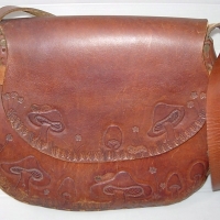 Large c1970's TOOLED Leather HANDBAG - Fantastic Mushroom & Worm design to front w Large Apple being eaten by Worm to back - great cond - Sold for $55 - 2012