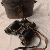 Military look Binoculars - Brass and metal, no marks sighted, with original wooden case - Sold for $98 - 2012