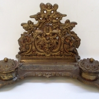 Ornate rococo style  gilded Desk Stand with twin ink wells & letter rack to back - Sold for $73 - 2012