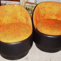 Pair RETRO 1970's Tub Chairs - Amazing Bright Orange Floral Period upholstery to Cushions, black Buttoned vinyl shells, on wheels, Great C - Sold for $183 - 2012