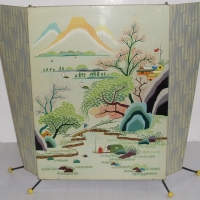 Retro 1950/60's 3 fold Tin Fire Screen, Japanese scene to front, bamboo pattern to side panels, yellow balls to black metal legs - Sold for $244 - 2012