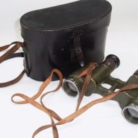 Pair of vintage MILITARY BINNOCULARS with leather neck strap in black leather carry case (1 eye piece af) - Sold for $67 - 2012