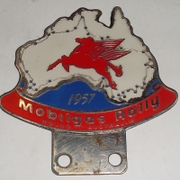 1957 Mobilgas Rally (round Australia) enamel Car bumper bar badge - exc Cond - Sold for $146 - 2012