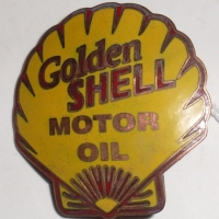 Vintage yellow enamel Golden Shell Motor Oil Badge - Metal Arts Co Inc, Rochester - Sold for $92 - 2012