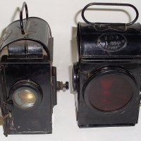 Pair - c1950's Railway Lamps - Black cases, marked E R 1956 SNLW Ltd to badges, red lenses, fab cond - Sold for $195 - 2012