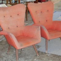 Pair RETRO Wing Back ARM CHAIRS -  High shaped Backs & folded Arms - Original Red upholstery  - Sold for $1647 - 2012