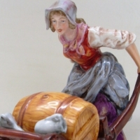 Continental Porcelain Figure - ROLL OUT THE BARREL - Girl w Barrel on Wheel Barrow w Drinking Jugs, Cups, etc - Marked to base, af - Sold for $67 - 2012