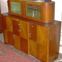 Art Deco Cocktail Cabinet, mirrored back & frosted glass doors to top section, serpentine front and doors & drawers to lower section, made by B - Sold for $67 - 2012