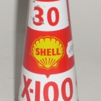 Vintage red tin Shell X-100 Motor Oil funnel with tin cap - gc - Sold for $61 - 2012