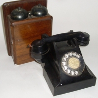 2 x 1930's items - Black Bakelite telephone and wooden telephone bell box - Sold for $110 - 2012