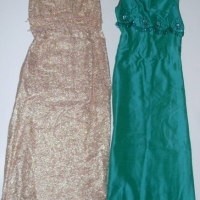 2x 1960's ladies long evening gowns, turquoise silk and peach & fawn brocade both with beading to bust line - Sold for $61 - 2012